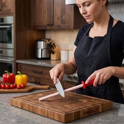 Aiguiseur de couteau tig'ine utilisé en démonstration par une femme qui aiguise un couteau