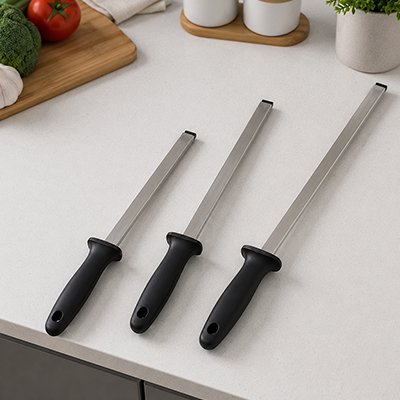Aiguiseur de couteau tranche f'ine posé sur la table dans les trois tailles différentes 
