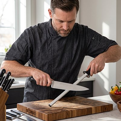 Aiguiseur de couteau tranche f'ine utilisé par un homme en cuisine