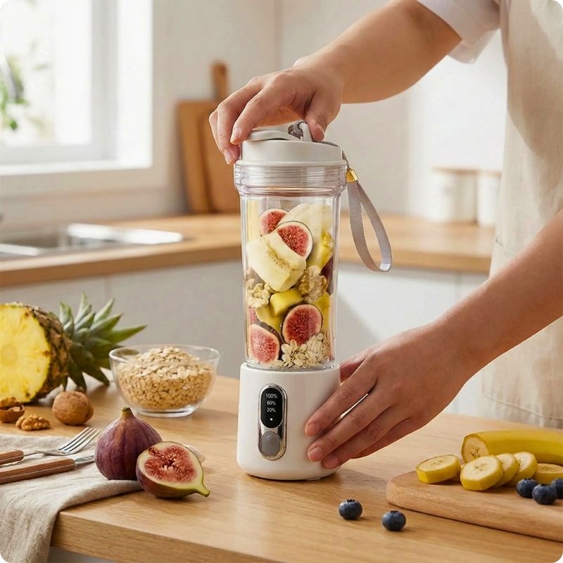 Blender portable tenu par une personne dans une cuisine