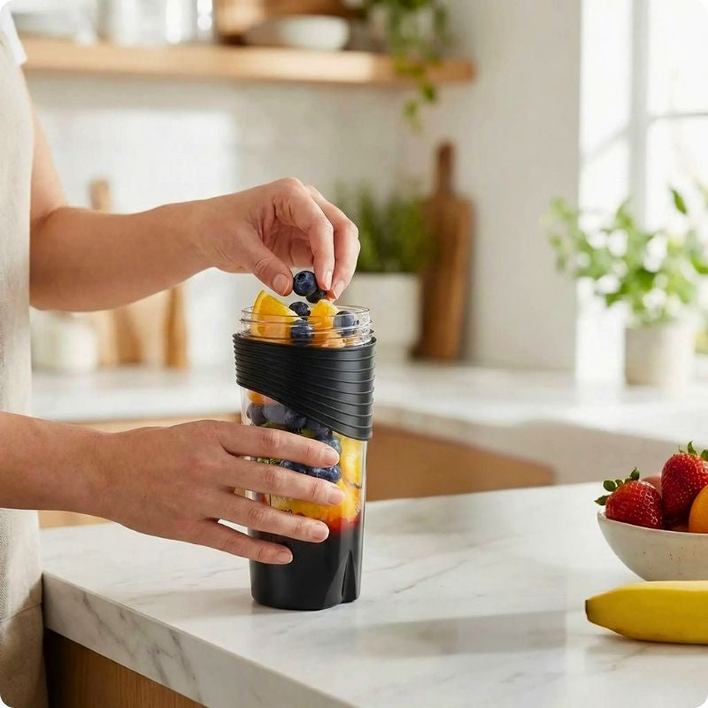 Personne mettant des fruits dans un blender portable