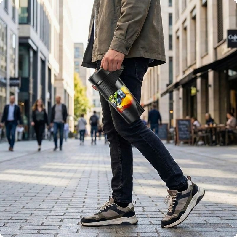 Personne marchant avec un blender portable