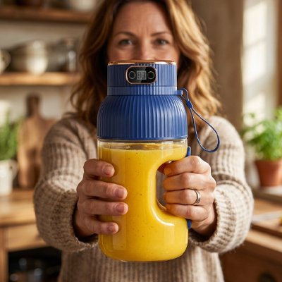 Blender smoothie bleu présenté dans les mains d'une dame avec un jus frais mixer