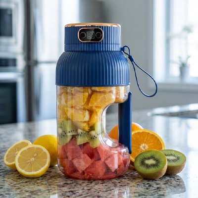 Blender smoothie bleu présenté sur une table avec des fruits
