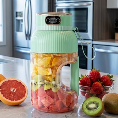 Blender smoothie vert posé sur une table avec des fruits non mixés dedans