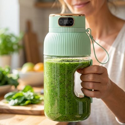 Blender smoothie vert présenté par une femme en cuisine