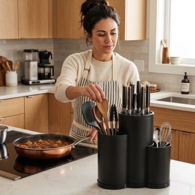 Bloc couteaux organiz'ine posé sur table devant femme dans cuisine