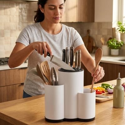 Bloc couteaux organiz'ine posé sur table devant femme