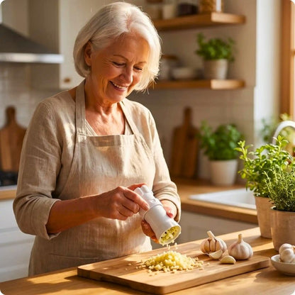 Coupe ail facil'ine uilisé par une mamie das une cuisine
