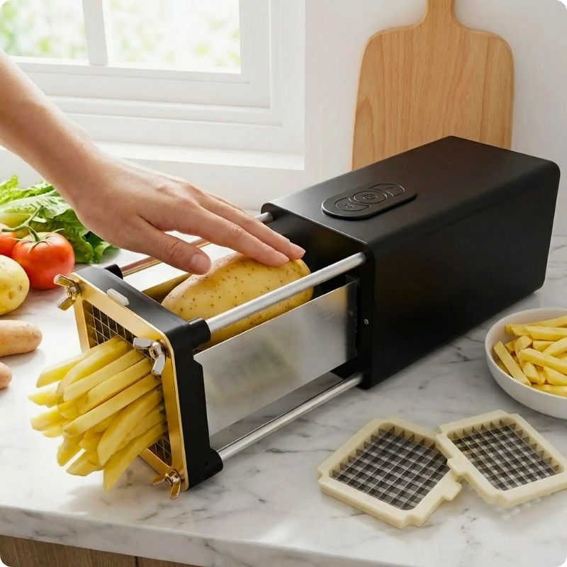 Coupe frite electrique électrique express'ine avec des frites qui sortent de l'appareil