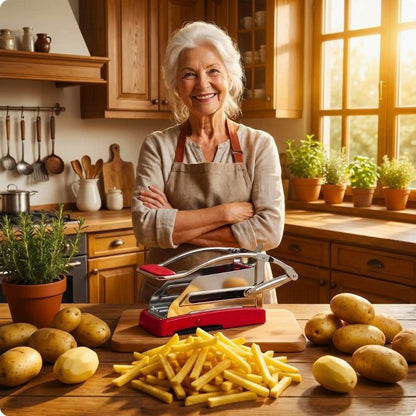 coupe frites professionnel frit'ine devant une mamie les bras croisés