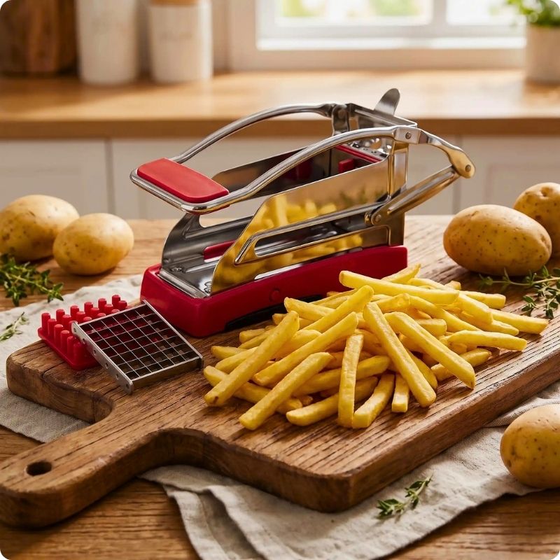 coupe frites professionnel frit'ine posé sur une planche à côté de frites