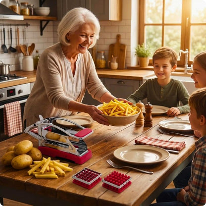 coupe frites professionnel frit'ine posé sur table à côté mamie sert frites à petits enfants