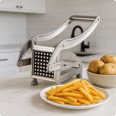 coupe frites professionnel sur une table dans cuisine à côté d'une assiette de frites