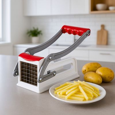 Coupe frites sur table à côté d'une assiette de frites.