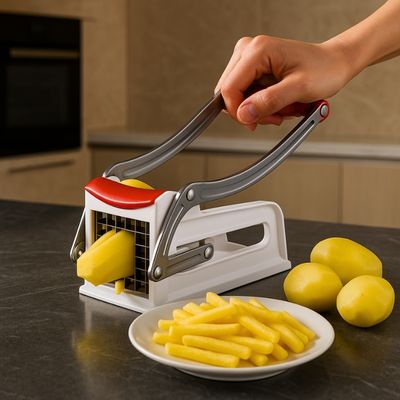 Coupe frites sur une table avec une main qui appuie sur la poignée.