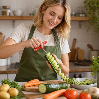 Coupe legume manuel tortil'ine utilisé par une femme dans une cuisine