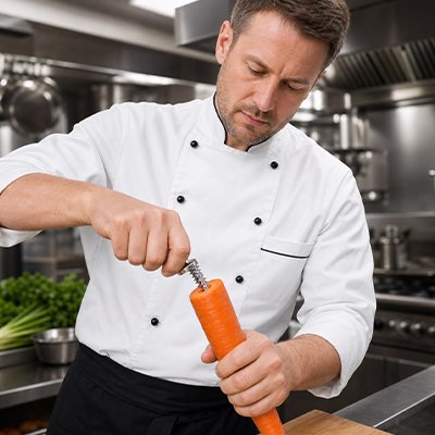 Coupe legume manuel chef spiral'ine utilisé par un chef de cuisine sur une carotte