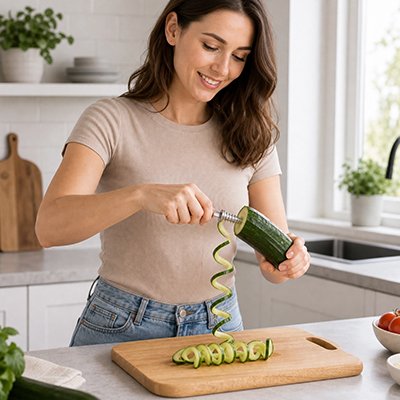 Coupe legume manuel chef spiral'ine utilisé par une femme en cuisine sur un concombre