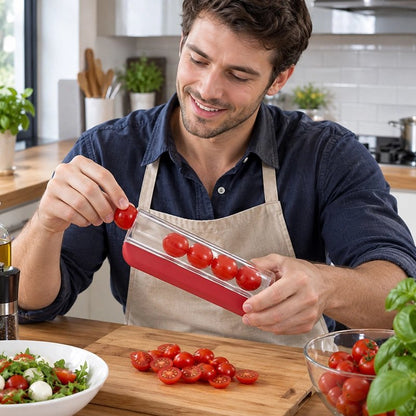 Coupe légumes manuel secur'ine utilisé pour couper des tomates cerises