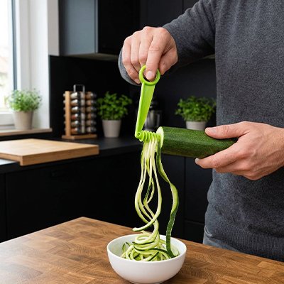 Coupe légumes manuel spirale perfect'ine utilisé par un homme en cuisine qui fait des spirales de courgette