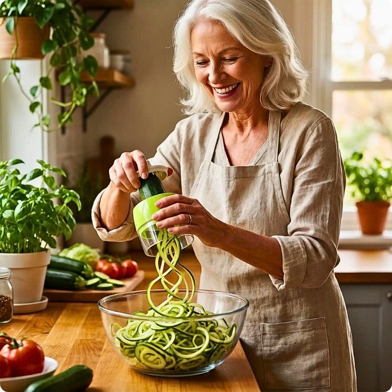 Coupe légumes spirale spira perfect'ine utlisé par une femme pour faire des filaments de courgettes