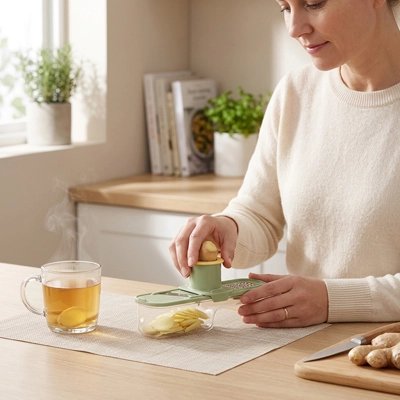Coupe légumes utilisé par une femme pour trancher du gingembre