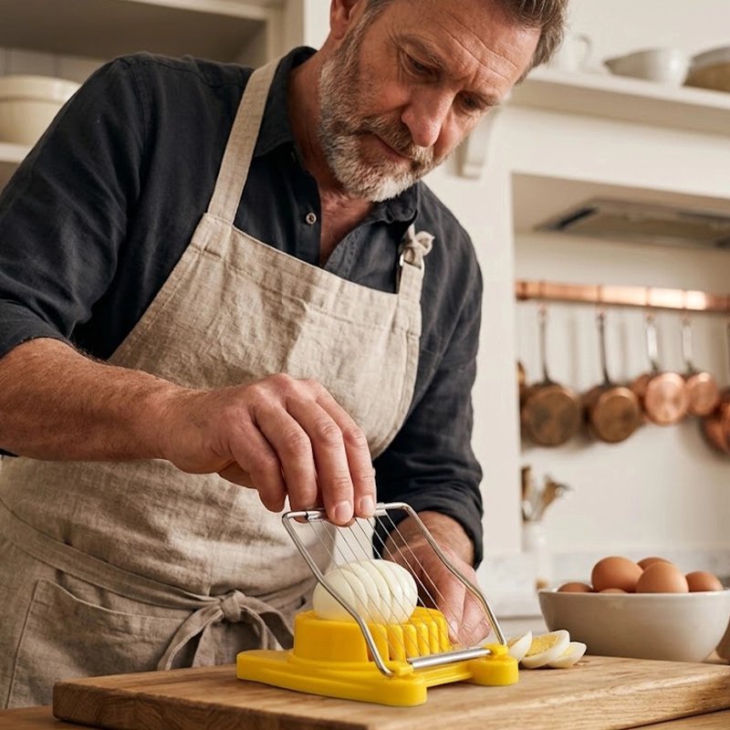 Coupe oeuf carré tranch'ine jaune utilisé par un homme en cuisine