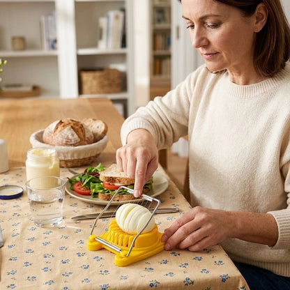 Coupe oeuf carré tranch'ine jaune utilisé par une femme en cuisine