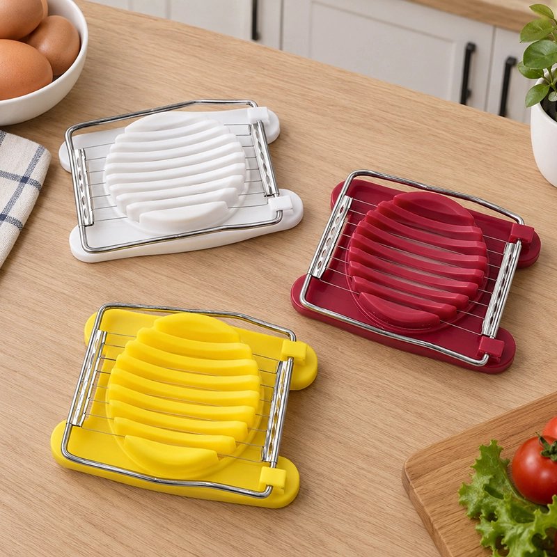 Coupe oeuf carré tranch'ine présenté sur une table de cuisine dans les trois coloris