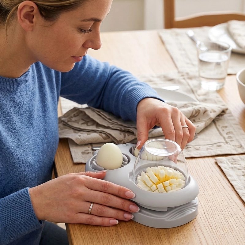 Coupe oeuf trois'ine utilisé par une femme en cuisine