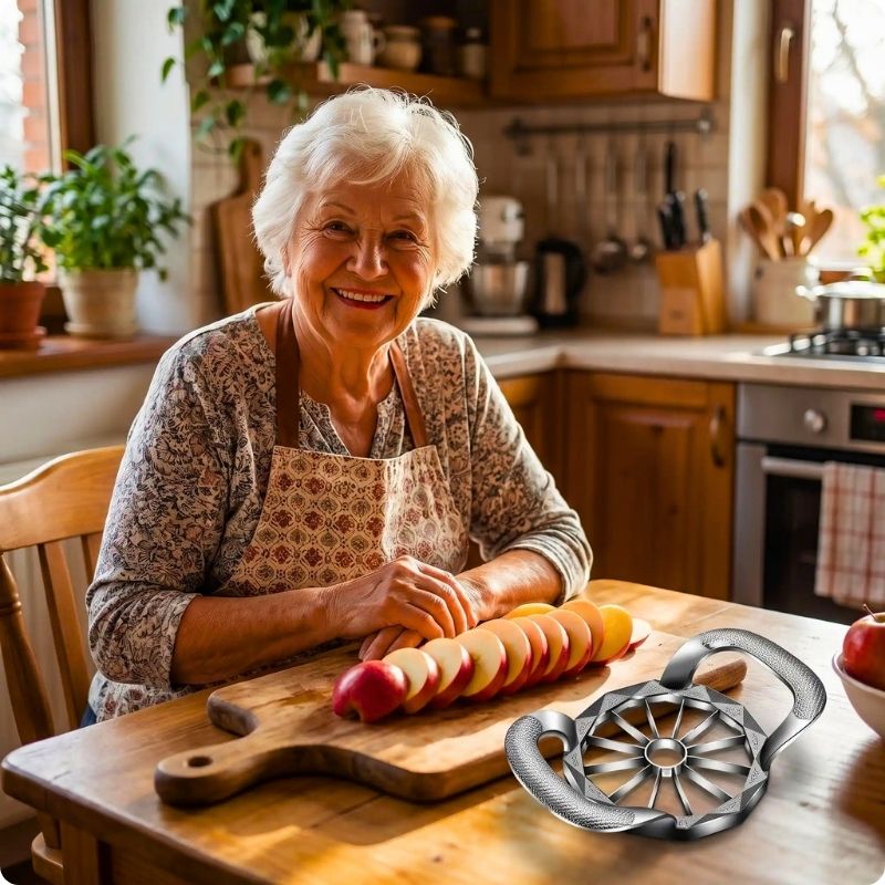 coupe pomme crocq pomm'ine posé sur une table devant une grand mère