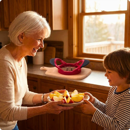 Coupe pomme octo'ine derrière un mamie et son petit fils tenant une assiette de pomme