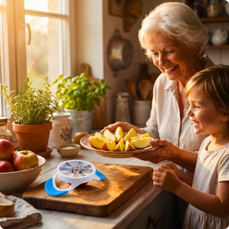 coupe pomme secur slic'ine sur plateau devant petit-fils et grand-mère