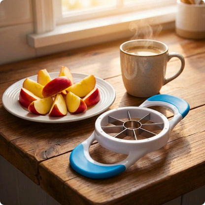 coupe pomme secur slic'ine sur table à côté assiette de pomme