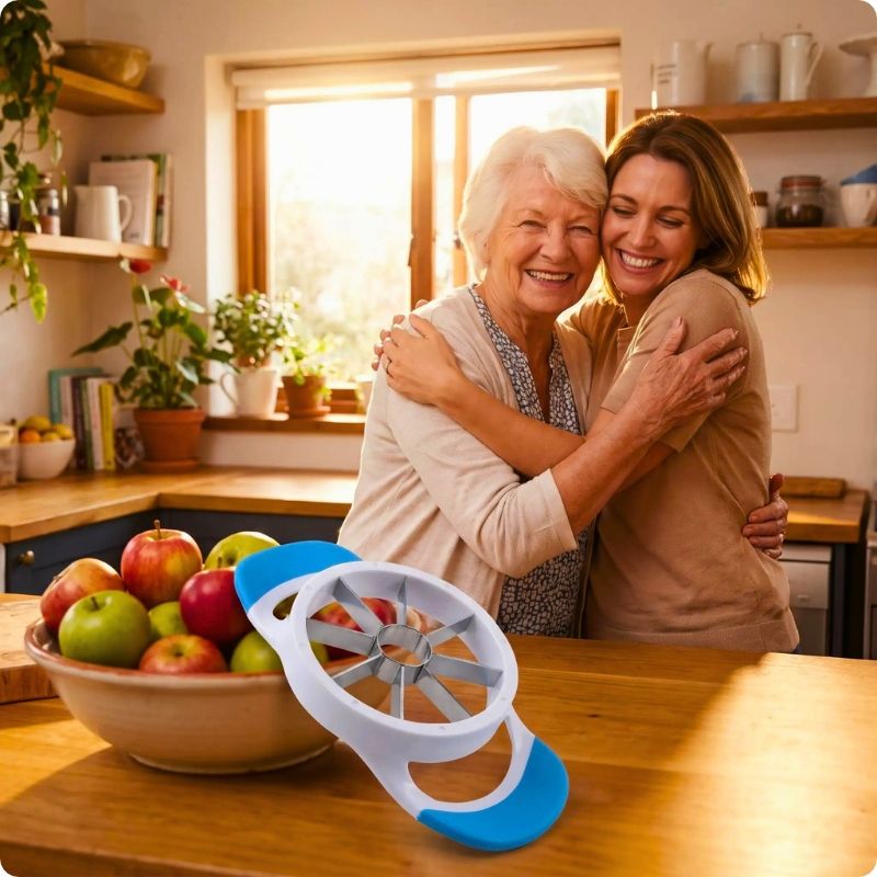 coupe pomme secur slic'ine sur table devant mère et fille