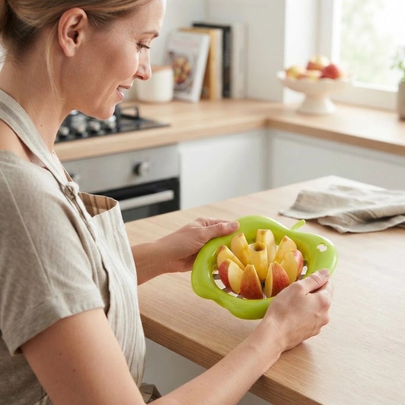 Coupe pomme​ vert utilisé par une femme en cuisine