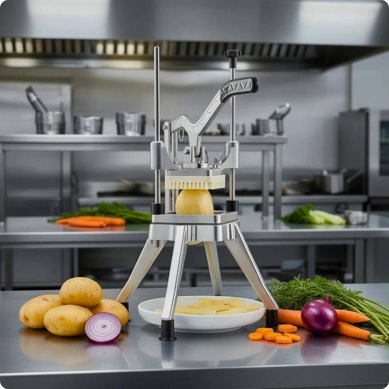 Coupes frites particul'ine posé sur plan de travail à côté légumes