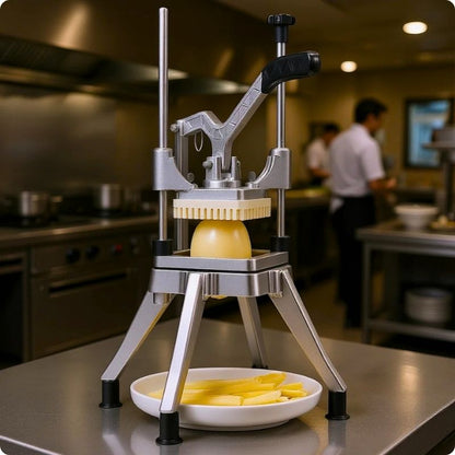 Coupes frites particul'ine posé au dessus d'une assiette de frites
