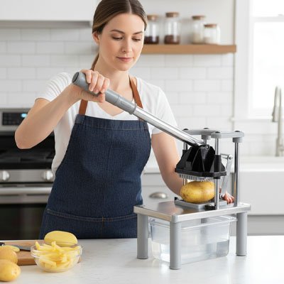 Coupes frites posé sur une tebale et urilisé par une femme
