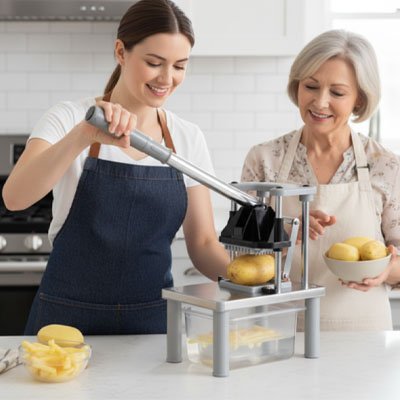 Coupes frites utilisé par une femme avec sa mère à côté