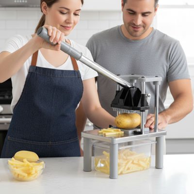 Coupes frites utilisé par un couple en cuisine