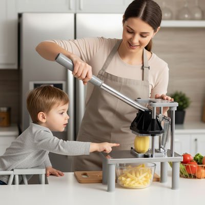 Coupes frites utilisé par une femme à côté de san enfant