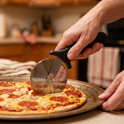 Couteau à pizza pizzet'ine couleur noir utilisé pour découper une pizza