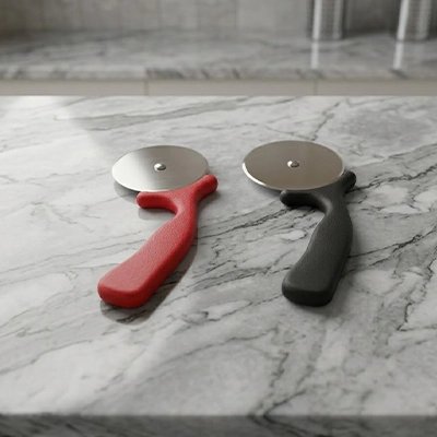 Couteau à pizza pizzet'ine posé sur une table dans les deux couleurs disponibles