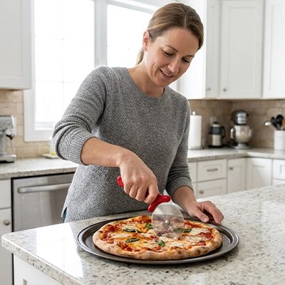 Couteau à pizza pizzet'ine utilisé en cuisine par une femme qui découpe un pizza