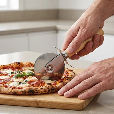 Couteau à pizza Pizz'ine utilisé pour couper une pizza