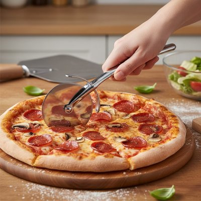 Couteau à pizza qui coupe une pizza au chorizo