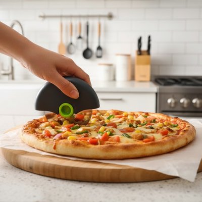 Couteau à pizza qui découpe une pizza aux poivrons