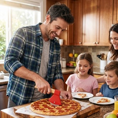 Couteau à pizza utilisé par un homme avec s famille qui découpe une pizza